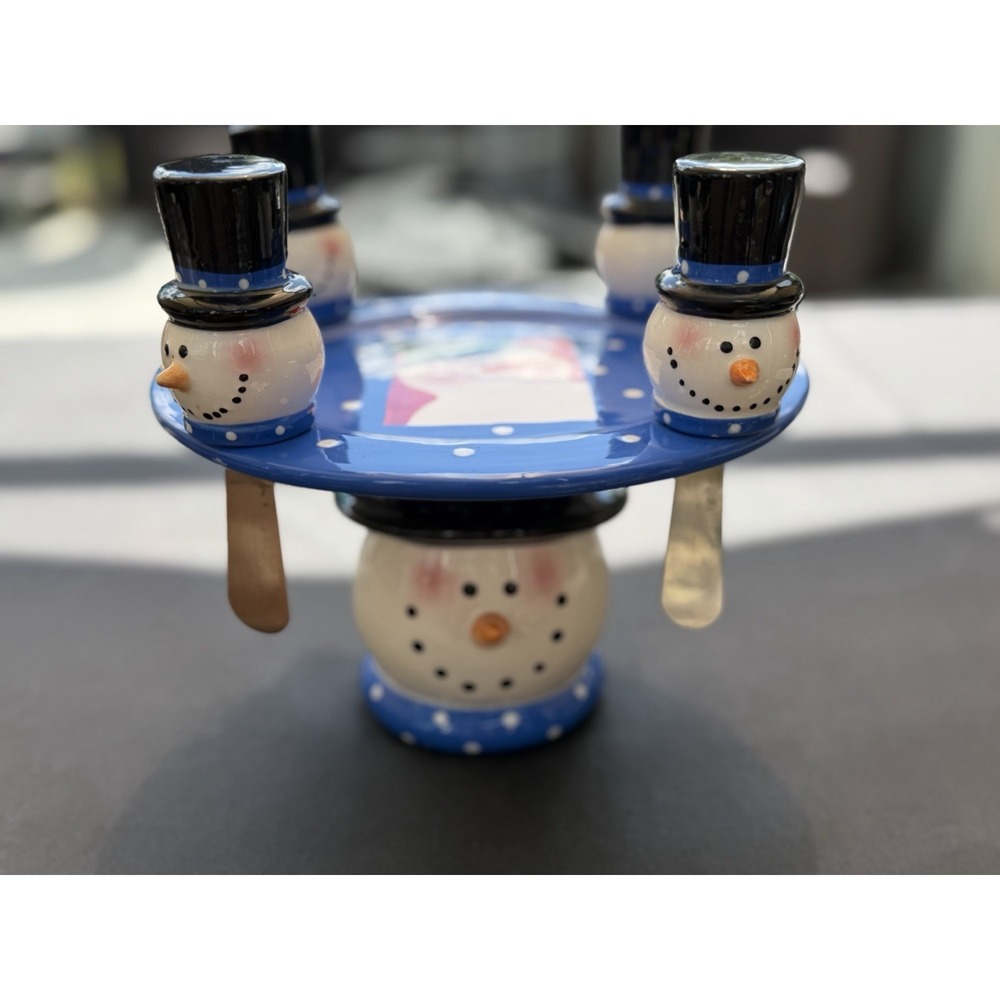 Dayspring Snowman Cheese Stand /spread 4 stainless steal knife 2004